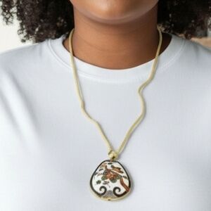 Cloisonné Butterfly Tree Pendant Necklace | White Enamel Tan Cord